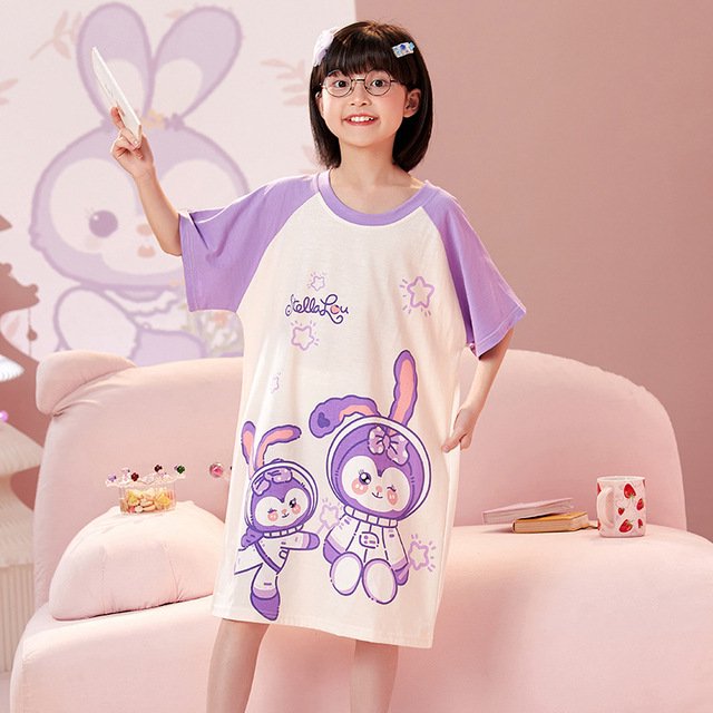 Camisón Kawaii de Anime Sanrios para niños, pijamas de algodón de manga corta con dibujos animados de MyMelody Kuromi Cinnamoroll, ropa de casa para niñas