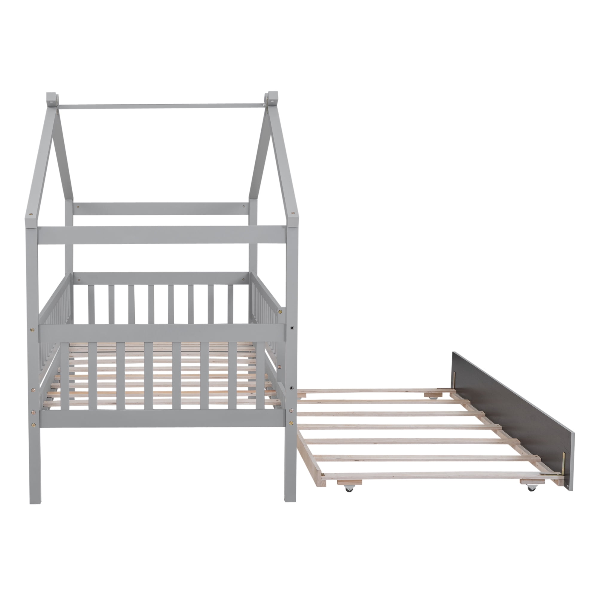 Euroco Twin Size House Bed with Trundle, Canopy Low Profile Bed for Kids, Gray