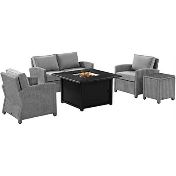 Crosley Furniture Bradenton Gray/Gray 5 Piece Wicker Sofa Set with Fire Table