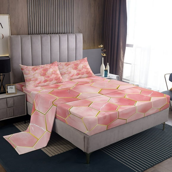 Erosebridal Pink Honeycomb Bed Sheets Twin For Teens,Gradient Geometry Bedding Sets Twin Size,Hexagon Decoration,Lightweight,3pcs