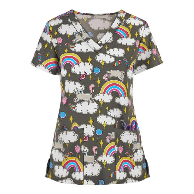 RKSTN Hauts à Manches Courtes Col en V pour Femmes Uniforme de Travail Blouse à Imprimé Dessin Animé