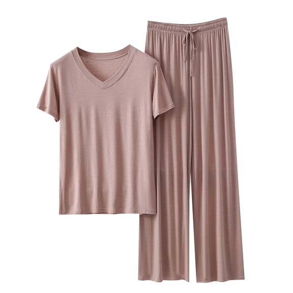 UAMVSH Womens Pajama Sets 2 Piece Short Sleeve Sleepwear V Neck Tops and Drawstring Pants Loungewear Set Comfy Soft Pjs Set