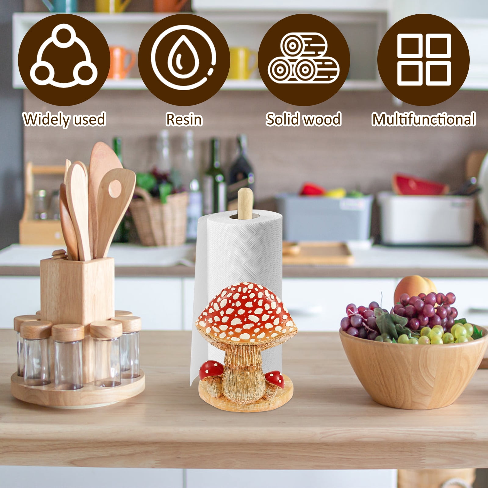 Threns Mushroom Pattern Paper Towel Holder Resin Tissue Paper Roll Display Stand Decor Unique Towel Roll Storage with Wooden Base for Home Kitchen Dining Room Countertop
