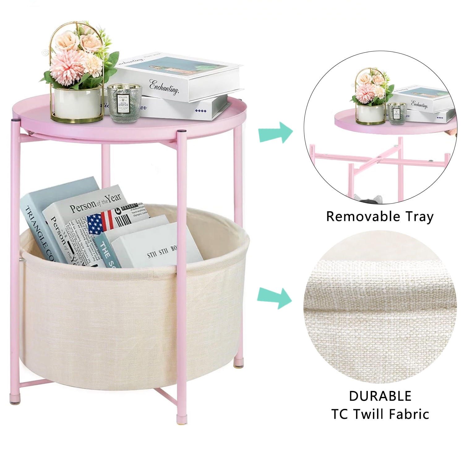 CERBIOR Round Side End Table, Modern Nightstand with Fabric Basket,Pink