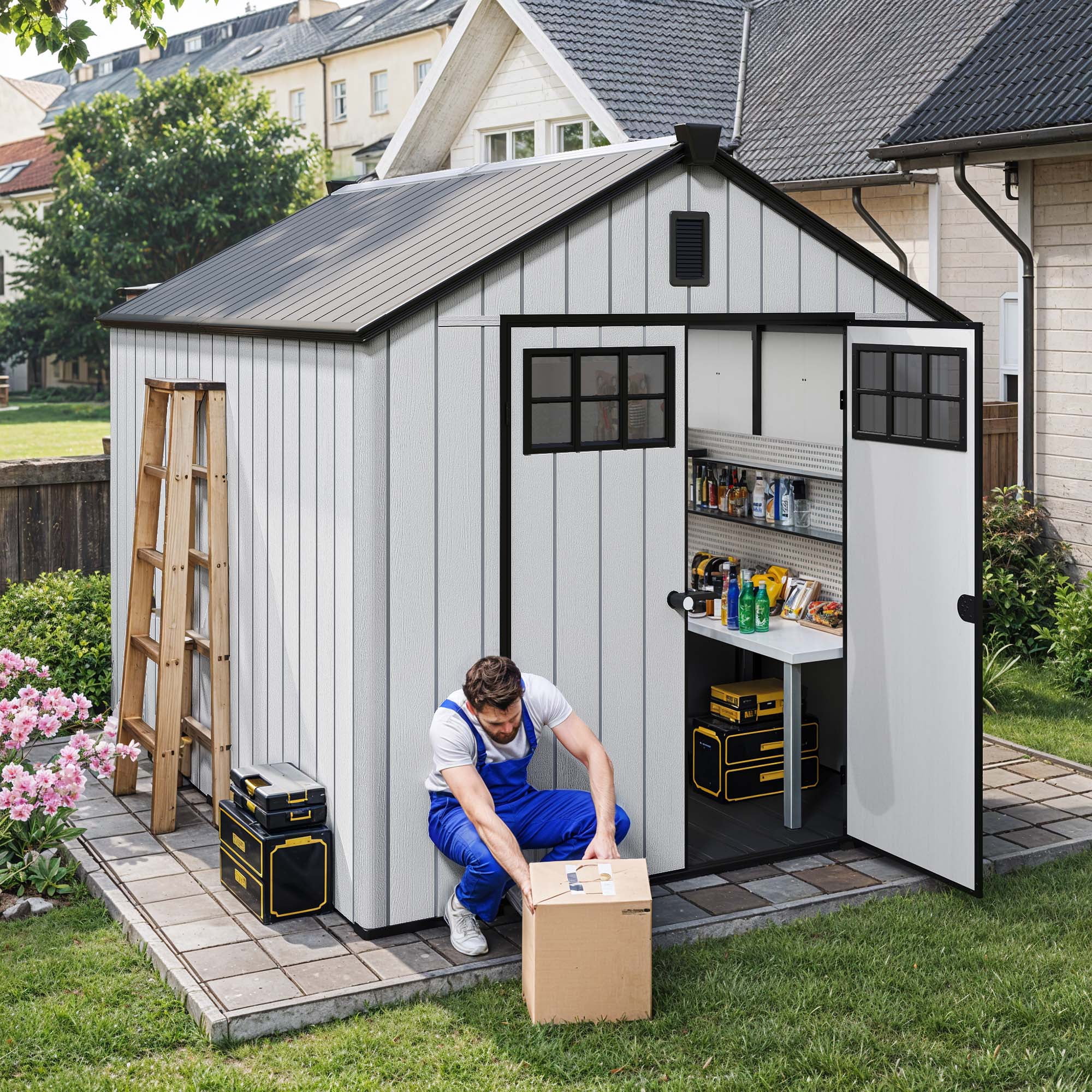 Uforic 8x10 FT Outdoor Storage Shed with Floor, Plastic Garden Shed for Bikes, Tools, and Pool Supplies, Outdoor Resin Shed with Lockable Doors, Windows, and Vents for Patio, Lawn, Backyard, Gray