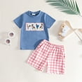 thumbnail image 3 of FAOWME Big Kids Boys Outfit Short Sleeve Round Neck Animal Embroidery Top And Plaid Shorts Two Piece Comfortable Fashion Sets For Casual Daily Wear Blue 18-24 Months, 3 of 8