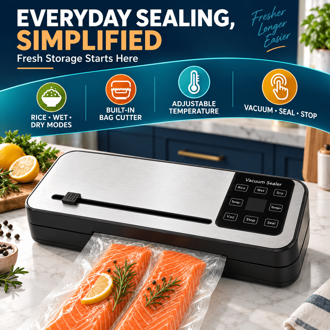 Food Vacuum Sealer Machine with 50 Pack Vacuum Sealer Bags, Food Storage Saver Dry & Moist Food Modes, Built-In Cutter