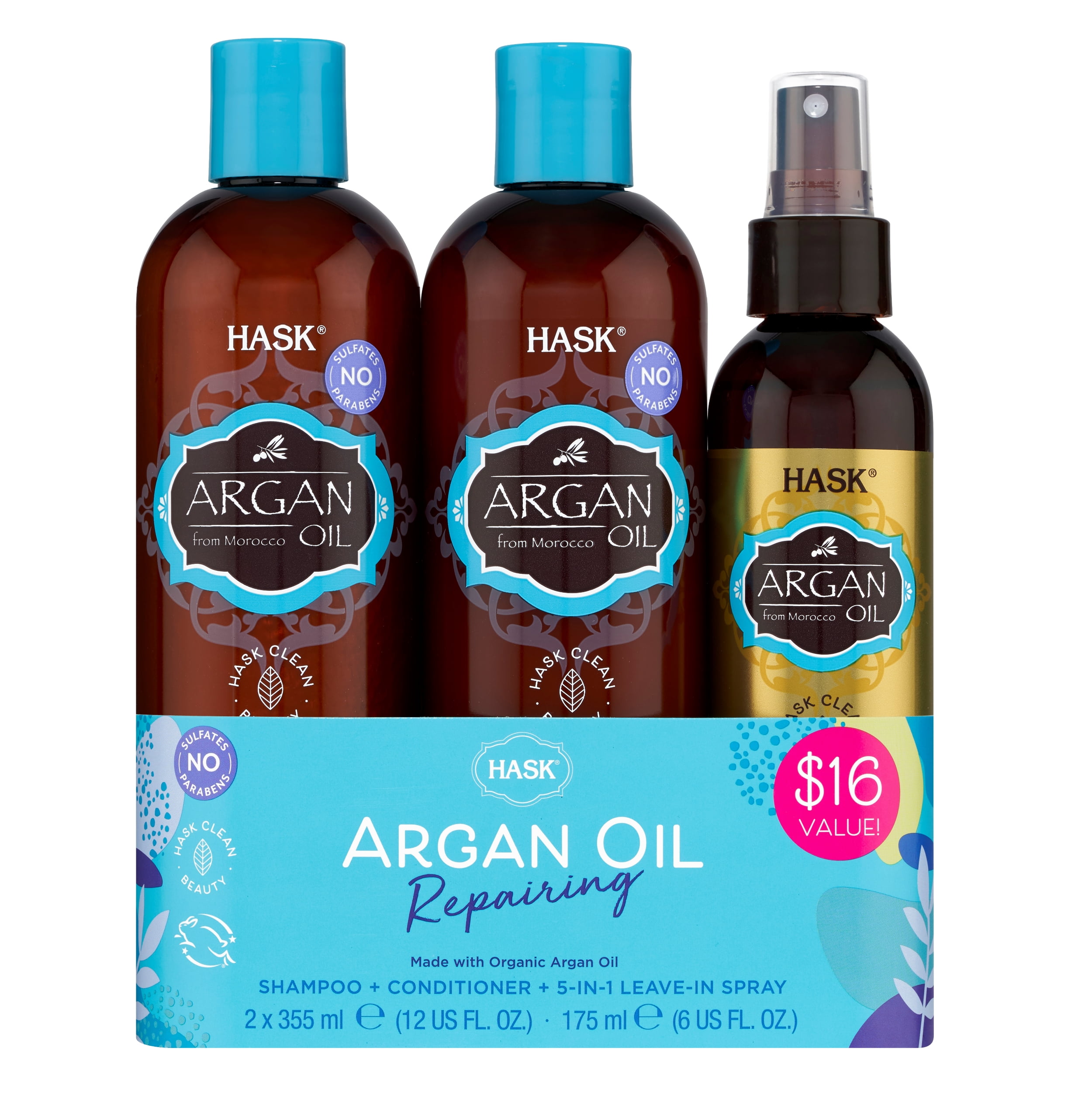 HASK Repairing Argan Oil Shampoo, Conditioner, 5in1 Leavein, 3pc