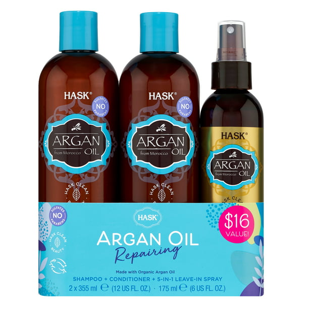 HASK Repairing Argan Oil Shampoo, Conditioner, 5-in-1 Leave-in, 3pc. Set -