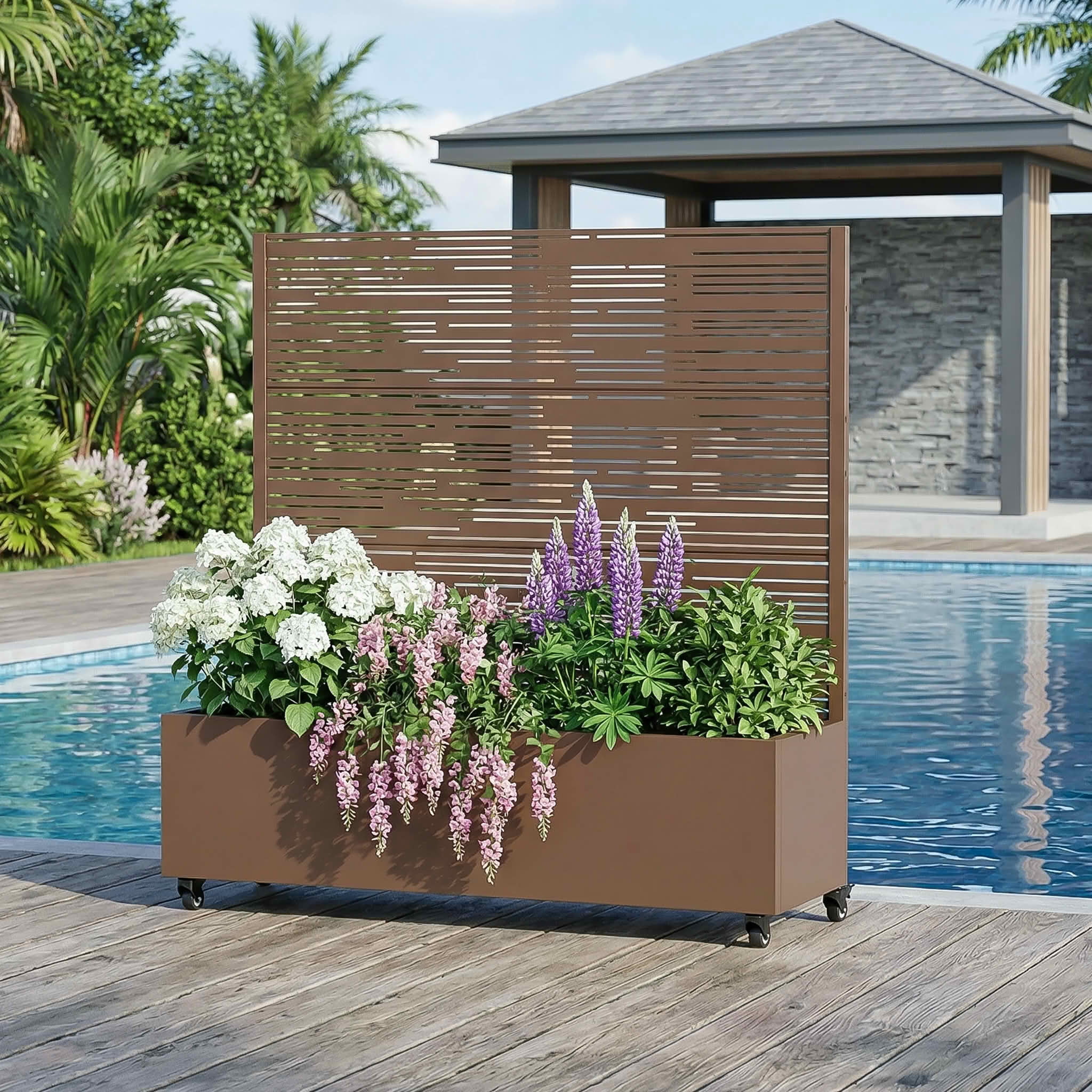 MAYEERTY 47X47" Metal Outdoor Brown Privacy Screen with Planter Box for Backyard & Garden, 3 Piece Set