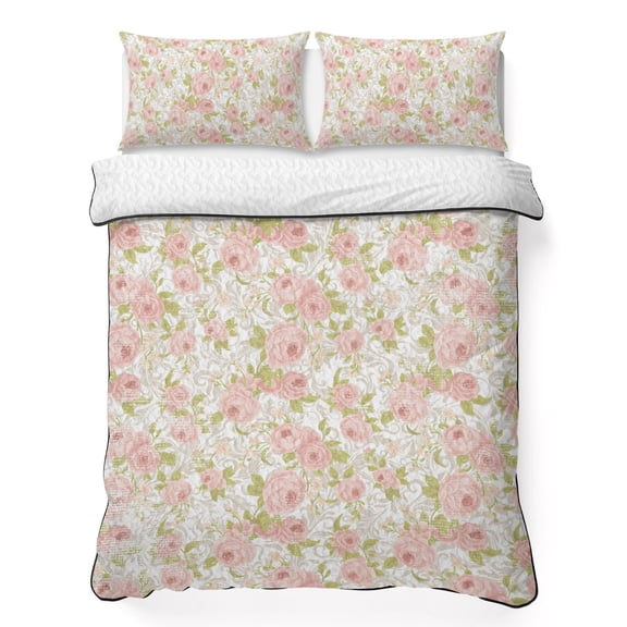 King Quilt Set 96''x106'', Pink Flowers Lightweight Bedspread Coverlet Set with 2 Pillow Shams, Country Botanical Floral Leaves Romantic Breathable All Season Quilt Bedding for Bedroom/Guest Room