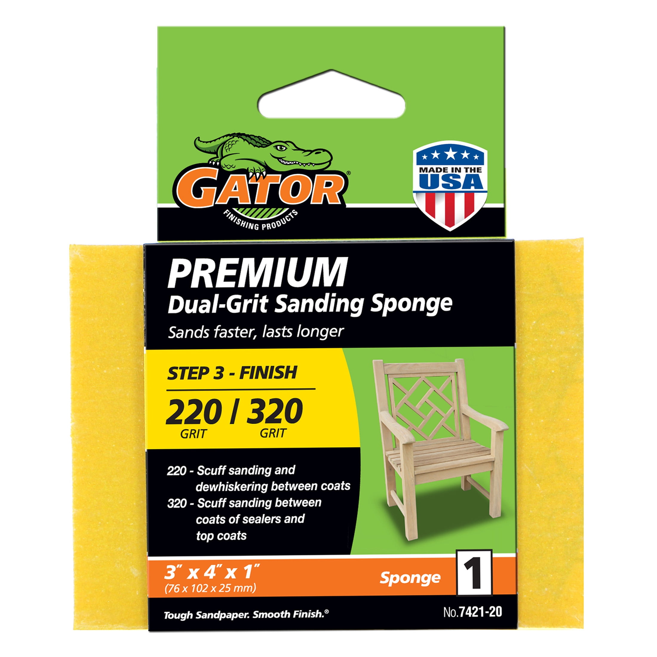 Gator 3"x 4"x 1"Premium Dual-Grit 220/320 Grit Sanding Sponge Block