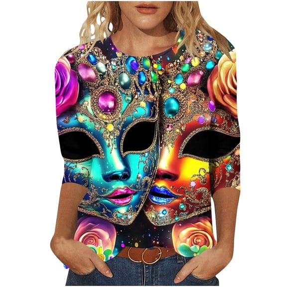 Xdegoge Mardi Gras Tops for Women Stripe Print 3/4 Sleeve Loose Fit Crew Neck T-Shirt