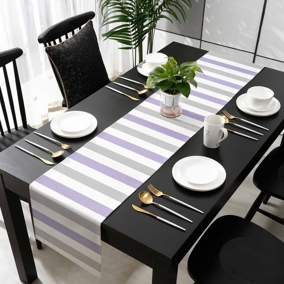Purple Grey Stripe Cotton Linen Table Runner 13 x 70 inch Modern Farmhouse Vertical Striped Non-slip Rectangular Dining Table Decor for Wedding Party Holiday Dinner