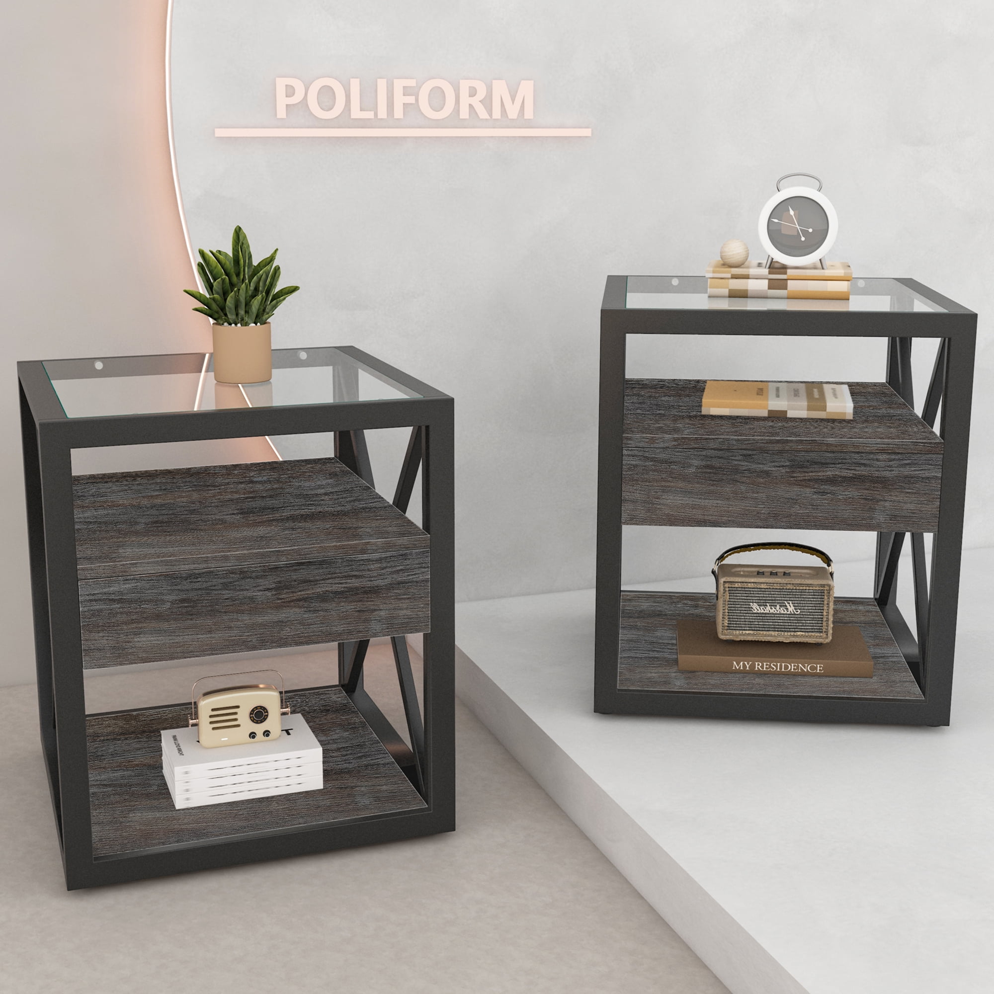 Set of 2 Modern End Table with Drawer, Nightstand for Bedroom & Living Room, Rustic Wood Grain MDF & Tempered Glass Top, Industrial Style Side Table