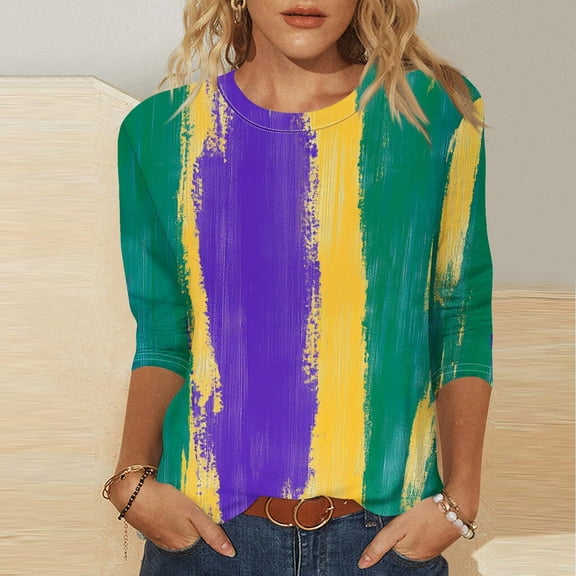 Visit the JURANMO Store Womens Fashion Fall T Shirts Mardi Gras 3/4 Sleeve Round Neck Casual Tunic Tops Color Block Carnival Themed Party Parade Tee Shirt Purple M