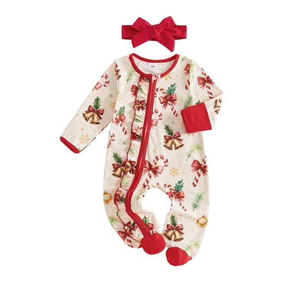 Cjfdfy Newborn Baby Girl Christmas Footie Romper Outfit Candy Cane Print Long Sleeve Zip-up Bodysuit Bow Headband 2Pcs Infant Cute My First Christmas Fall Winter Clothes 0-9 Months