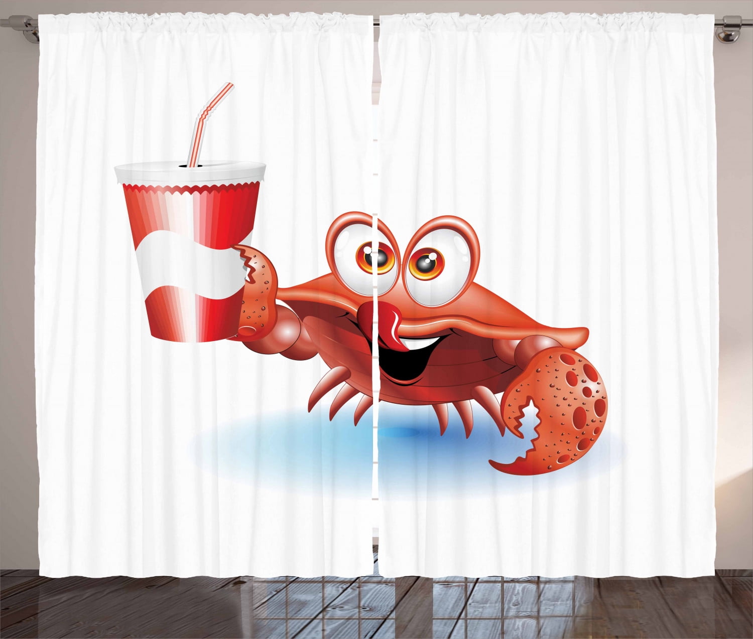 Crabs Curtains 2 Panels Set, Thirsty Marine Animal with Drink on a ...