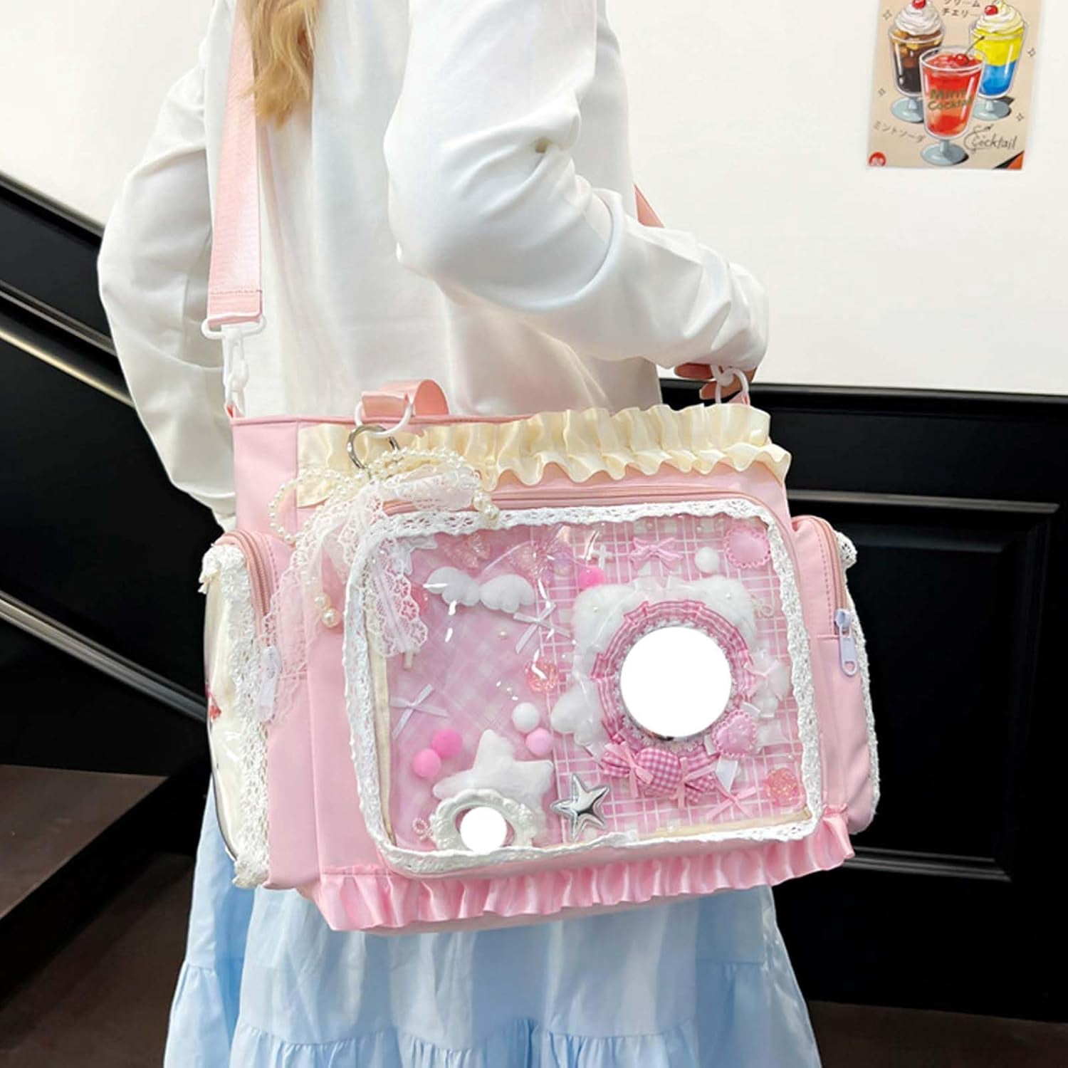 SPEKSEE Lace Itabag Ruffle Shoulder Purse， Pin Display Bag with Insert Anime Badge Display