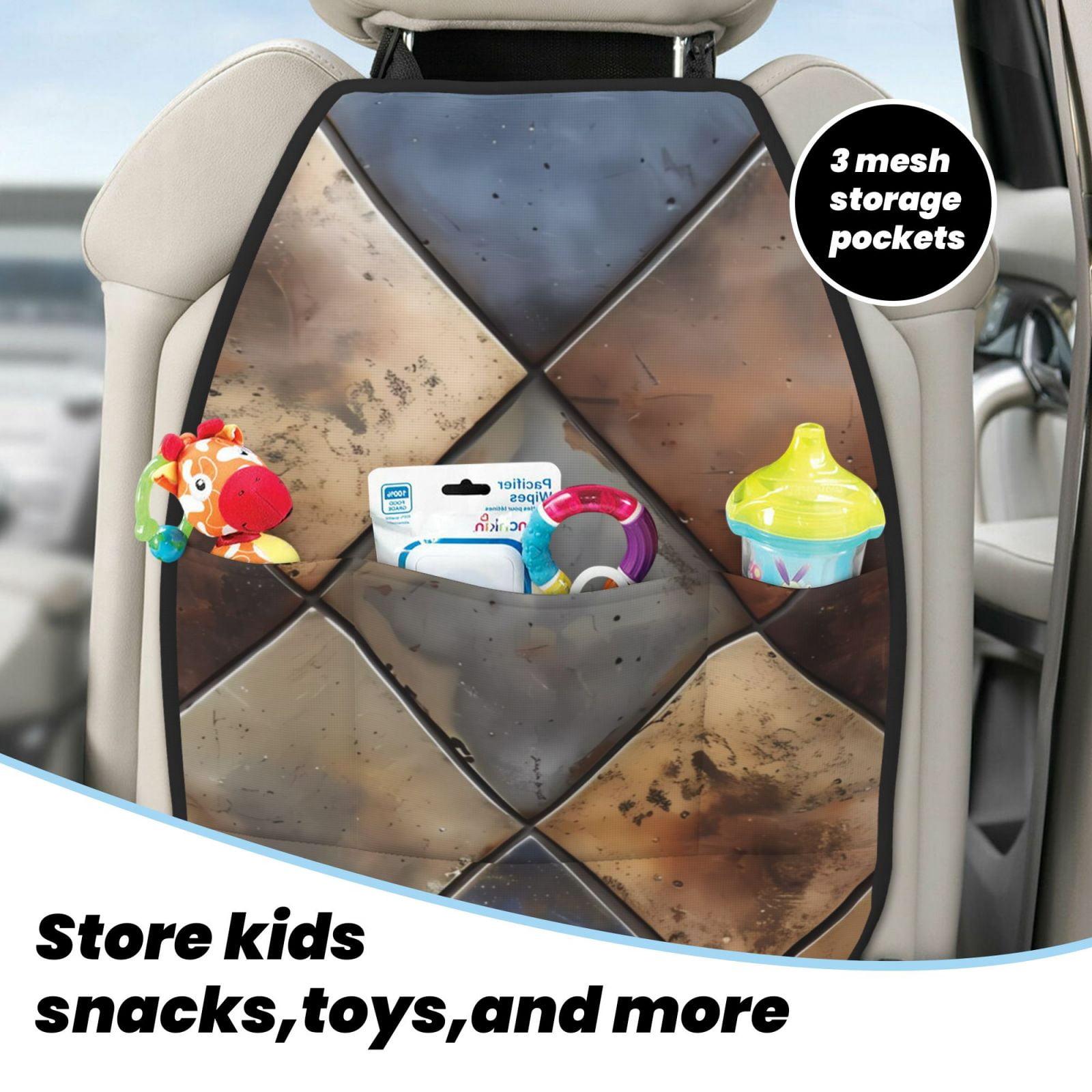 Kdxio Rustic Tile Pattern Print 2 Pack Car Kick Mat Seat Cover Back Protector Mat with Pockets for Organizer Backseat Protector and Storage Anti Kick Pad for Vehicles