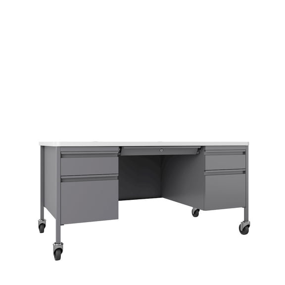 Hirsh 30x60 Mobile Double Pedestal Metal Desk with T Top Silver/White