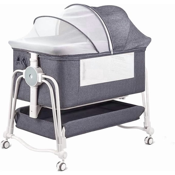 4 in 1 Baby Bassinet Bedside Sleeper(Cradle,Co-Sleeper,Incline,with Wheel & Mosquito Net),7 Height Adjustable Baby Crib For Infant Newborn,Grey