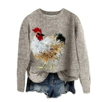 Women's Sweatshirts Pullover Shirts Fashion Christmas Chicken Printed Thick Round Neck Street Trend Knited Hoodless Hoodies Fall Trendy Outfits 2025 Winter Sweater Beige-L