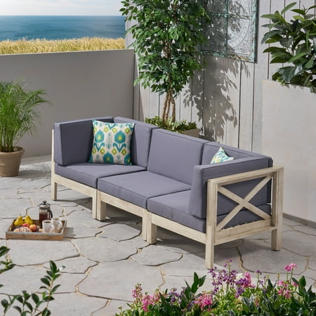 Elisha Outdoor Modular 3 Piece Acacia Wood Sectional Sofa Set with Cushions, Weathered Gray, Dark