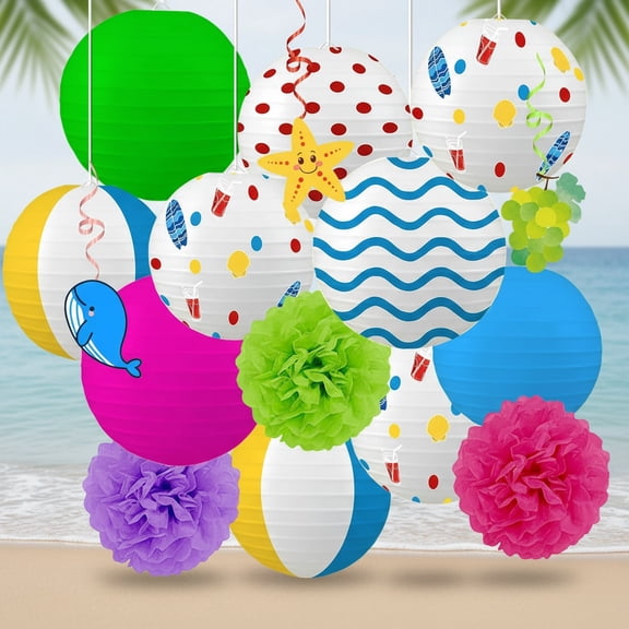 Summer Party Paper Lanterns Flowers Honeycomb Pom Poms Hanging Swirls, Beach Ball Tropical Colorful Decor for Home Outdoor Indoor Decorations