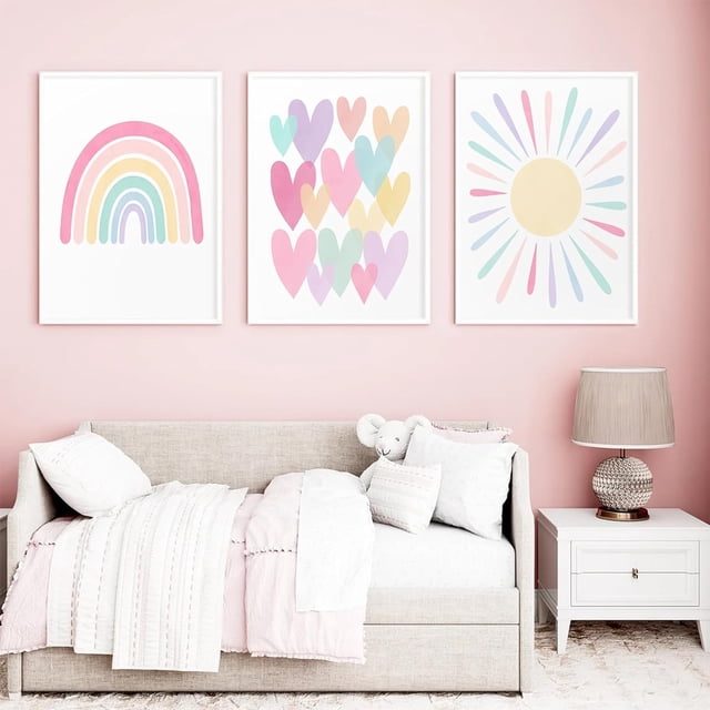 Lienzo de pared RCJARTI Pink Nursery Pastel Rainbow, 3 unidades