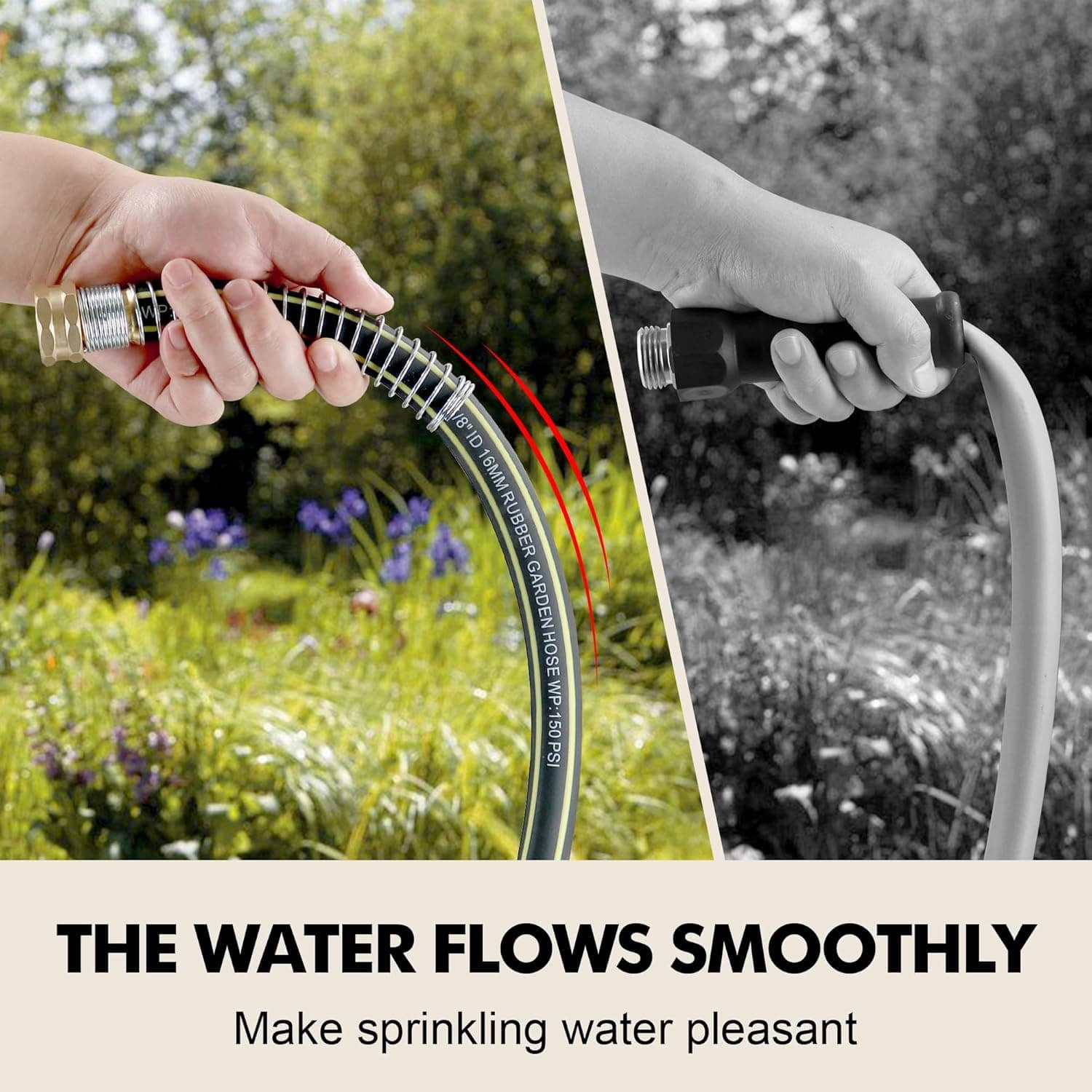 Rubber Garden Water Hose 50ft, 5/8" Leak Proof Garden Hose with Brass Connector, Flexible Hose Pipe for Lawn, Watering Cleaning & Washing