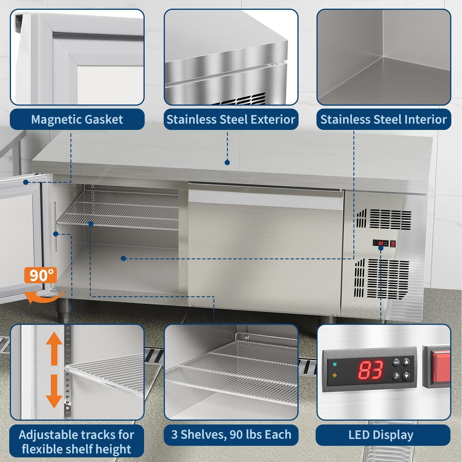 Garvee 60" Commercial Fridge, 15 Cu.ft Stainless Steel Undercounter Refrigerators with 2 Door and LED Display for Restaurant, Kitchen