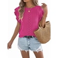 thumbnail image 2 of Women Cap Sleeve Tops Summer Crew Neck Shirt Crochet Knit Sweater Rose Red S, 2 of 9
