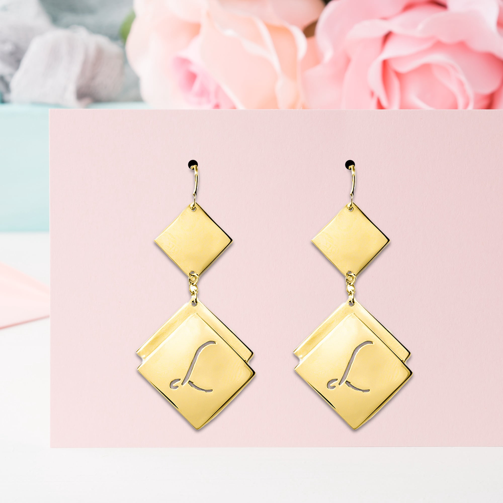 Personalized Engraved Diamond-Shaped Initial Earrings in 14kt Gold Plated Sterling Silver or Sterling Silver