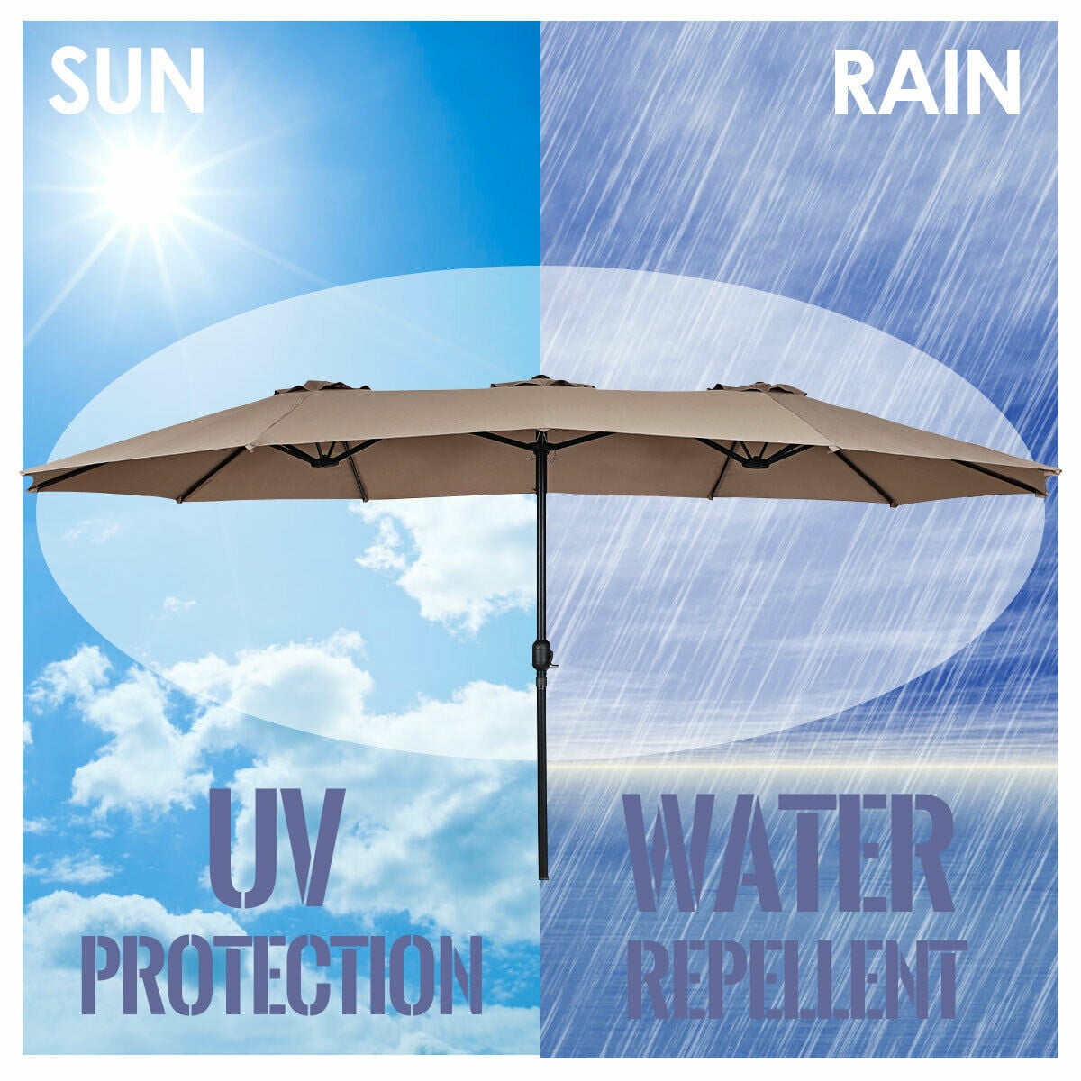 Gymax 15' Twin Patio Umbrella Double-Sided Outdoor Market Umbrella with Crank Tan