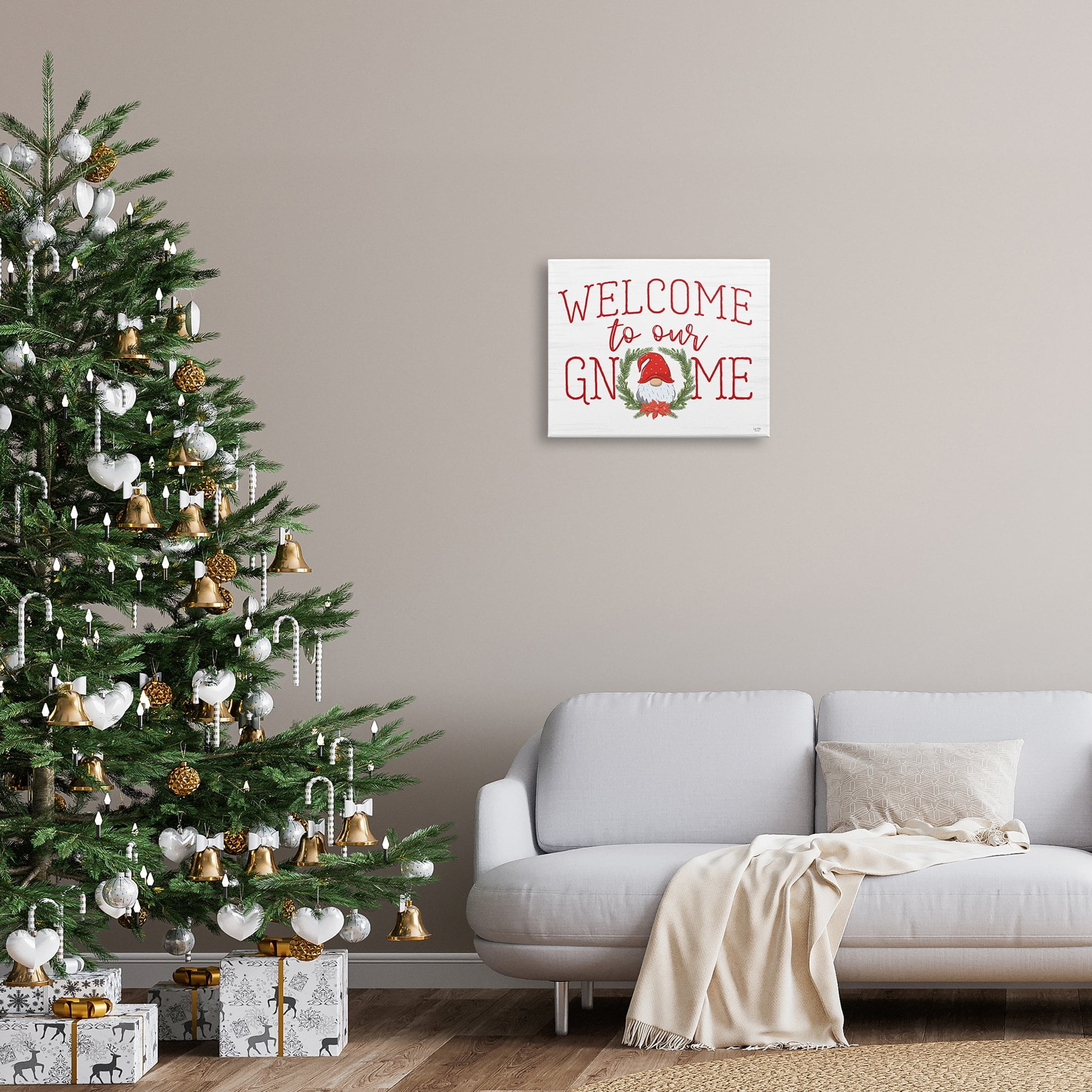 Gnome Welcome Sign Cottage Laurel Grainy Pattern Holiday Graphic Art Gallery-Wrapped Canvas Print Wall Art