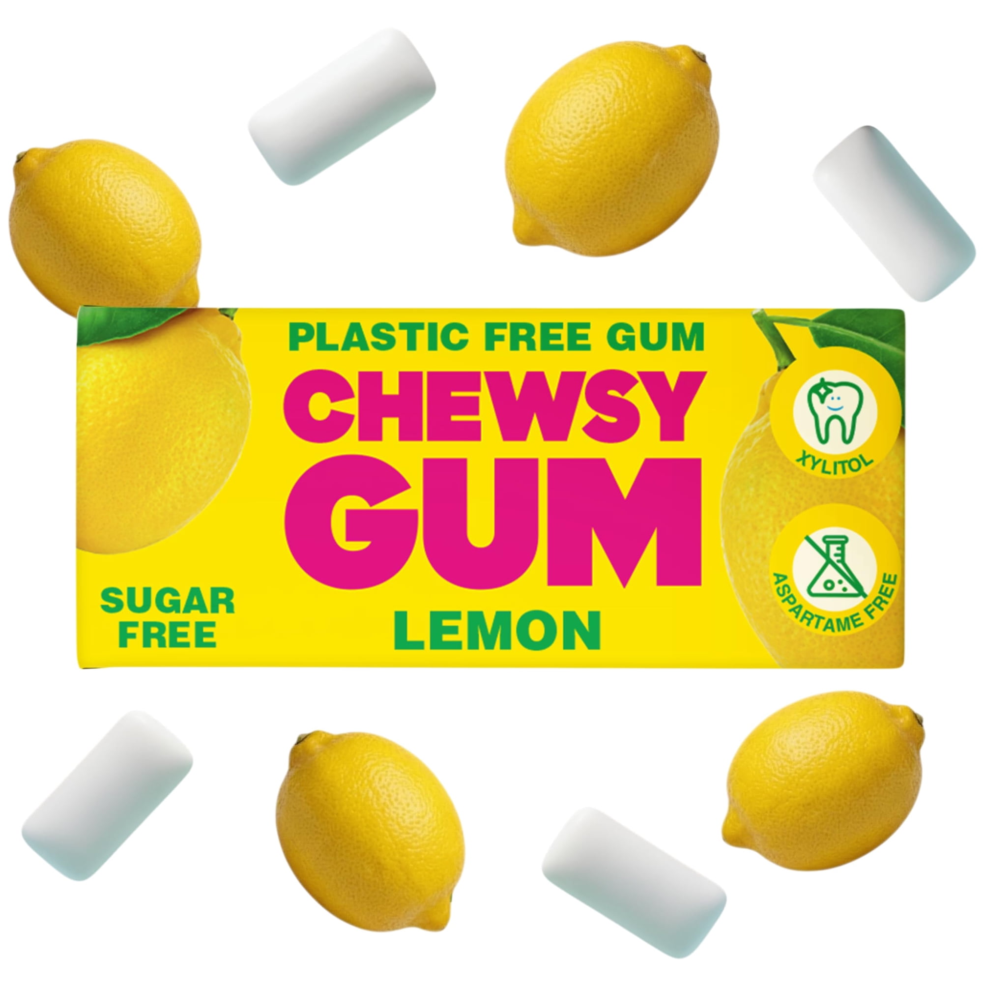 Chewsy Lemon Plastic Free Gum | Plant Based | Sugar Free | Aspartame-Free | Xylitol | Tooth Friendly | Vegan | Biodegradable | Natural Chewing Gum 12 Packs
