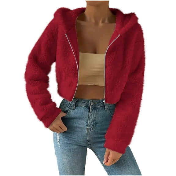Lmnyox Women's Fuzzy Crop Jacket Fall Winter Fashion Zip Up Hooded Plush Coat Trendy Thermal Outerwear
