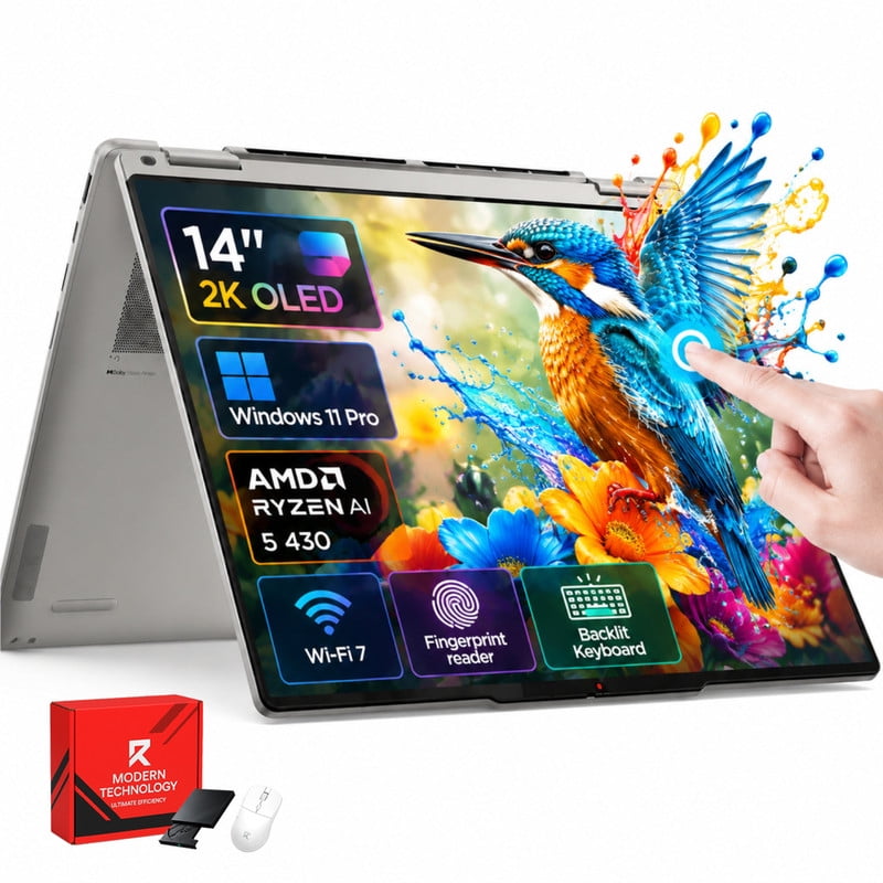 Lenovo Yoga 7a 2-in-1 Executive Touchscreen Laptop AMD Ryzen AI 5 430 16GB RAM 512GB SSD 14 OLED Touch 50 TOPS NPU Wi-Fi 7 Fingerprint Win 11 Pro