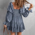 thumbnail image 4 of Vestido de una línea con hombros descubiertos, cuello en V, manga larga, cintura, vestido estampado plisado adelgazante para mujer, azul oscuro XL, 4 of 6