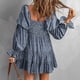 thumbnail image 4 of Vestido de una línea con hombros descubiertos, cuello en V, manga larga, cintura, vestido estampado plisado adelgazante para mujer, azul oscuro L, 4 of 6