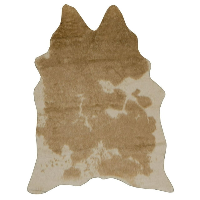 Faux Cowhide Mini Caramel Cream Mix Accent Rug shaped like a natural hide with caramel brown and cream tones, made of short hair-like polyester on a faux suede backing for easy care, ideal for small spaces and versatile décor styles.