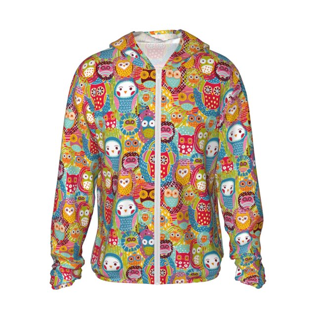 Fotbe Boho Cute Owls Chaqueta con Protección Solar UPF 50+ para Hombre y Mujer, Camisa con Capucha y Bolsillos-Large