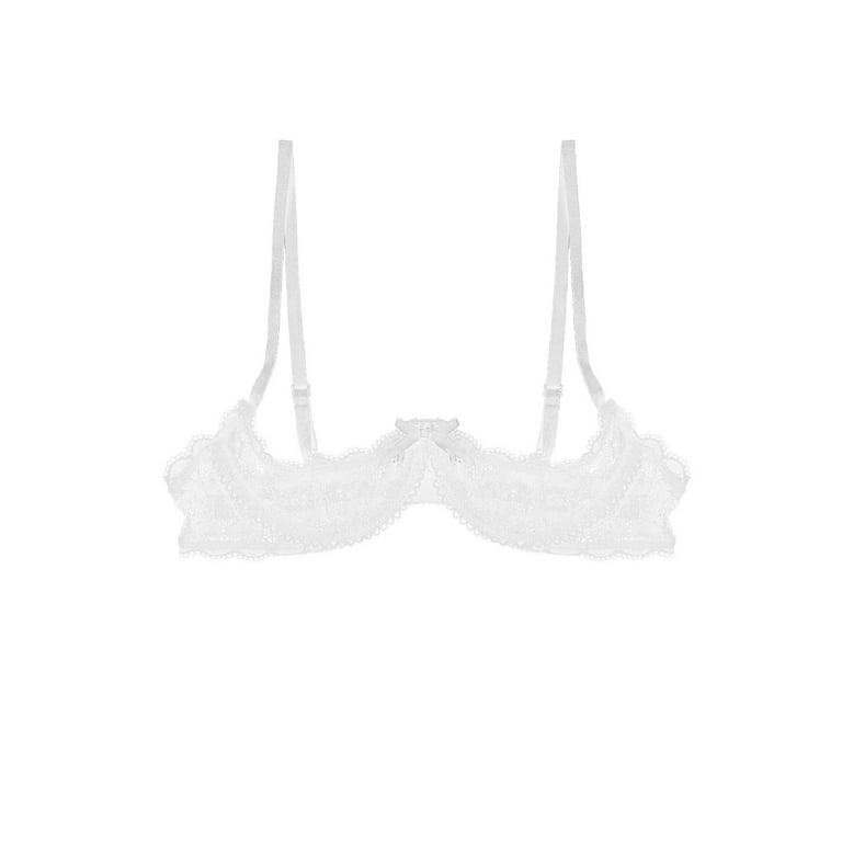 renvena Women's Sheer Lace Lingerie Push Up Underwired Shelf Bra 1/4 Cup  Unlined Bralette Tops White S 