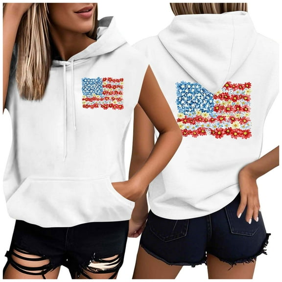 American Flag Hoodie Women Sleeveless Hooded Tops Patriotic Hoodies Women's Short Sleeved Front and Back Printed Pocket Hat Rope Hooded Top Sweatshirt