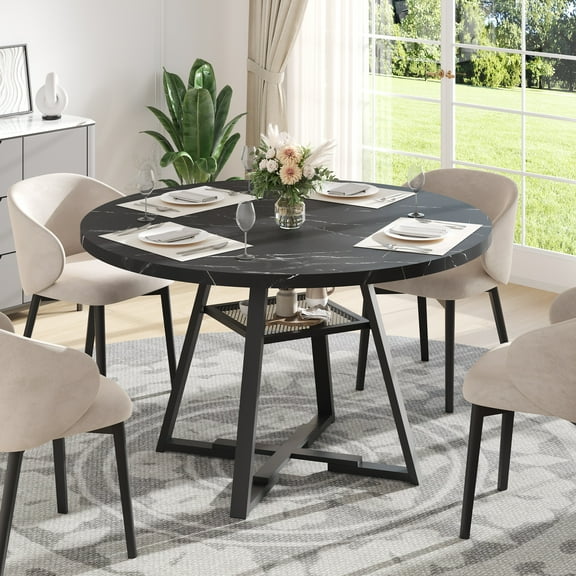 Round Dining Table for 4, LEGAHOME 43.3in Kitchen Table with Metal Base Seats 4, Faux Marble Circle Dining Table for Dining Room, Black (Only Table)