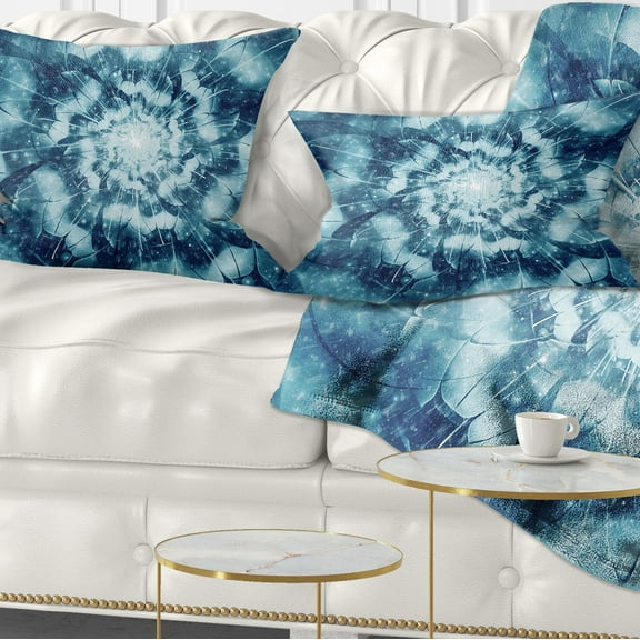 Designart Blue Snowy Fractal Flower Design - Floral Throw Pillow - 12x20