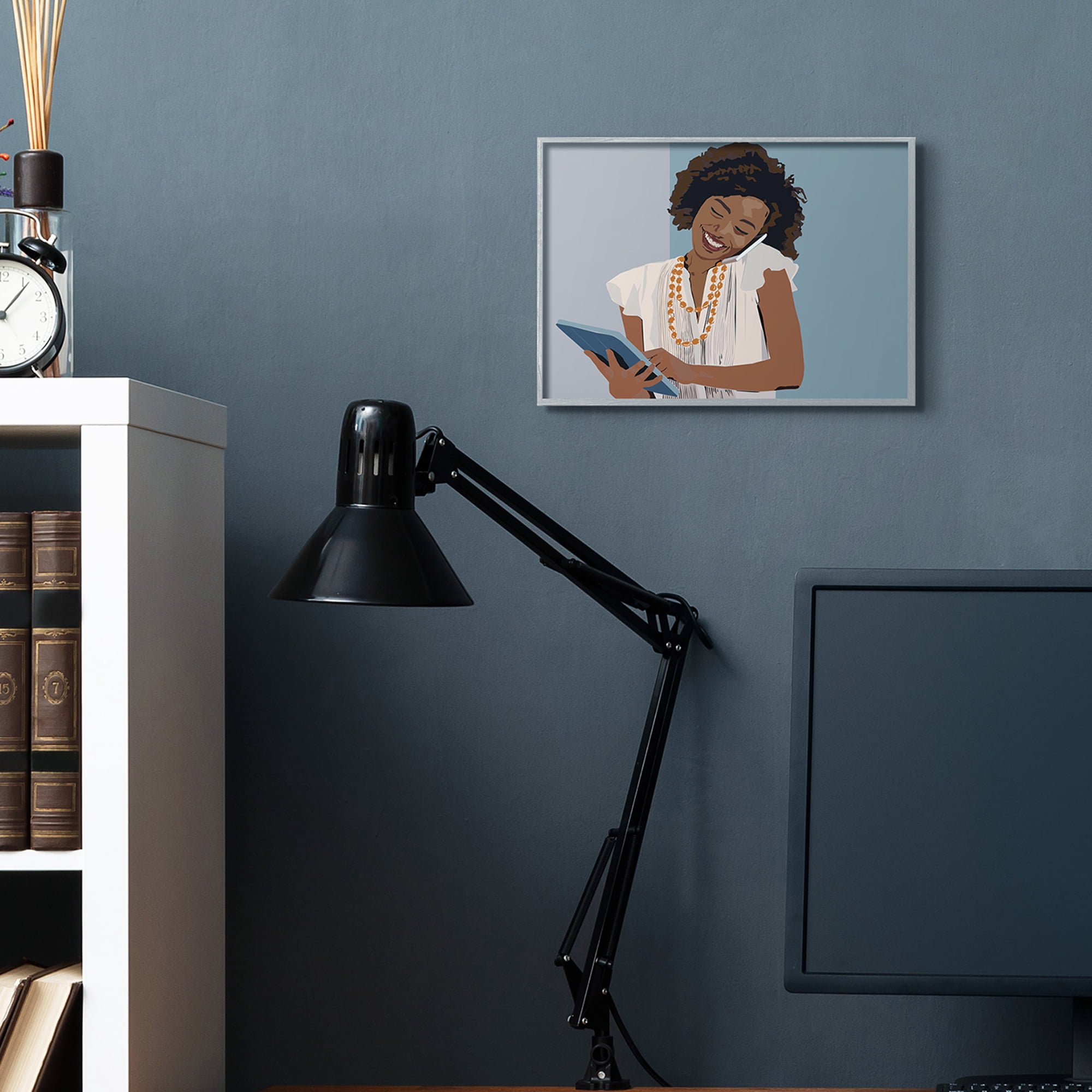 Stupell Industries Professional Woman With Tablet Office Portrait Novelty Painting Gray Framed Art Print Wall Art, 11 x 14