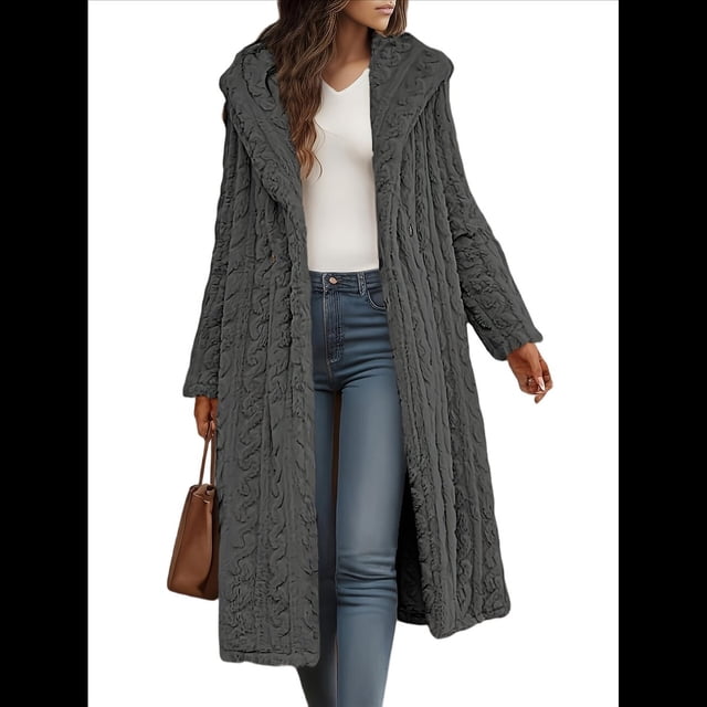 Chaqueta Informal con Capucha y Cuello en V de Larga y Forro Cálido para Mujer, Abrigos de Otoño e Invierno. Gris XL