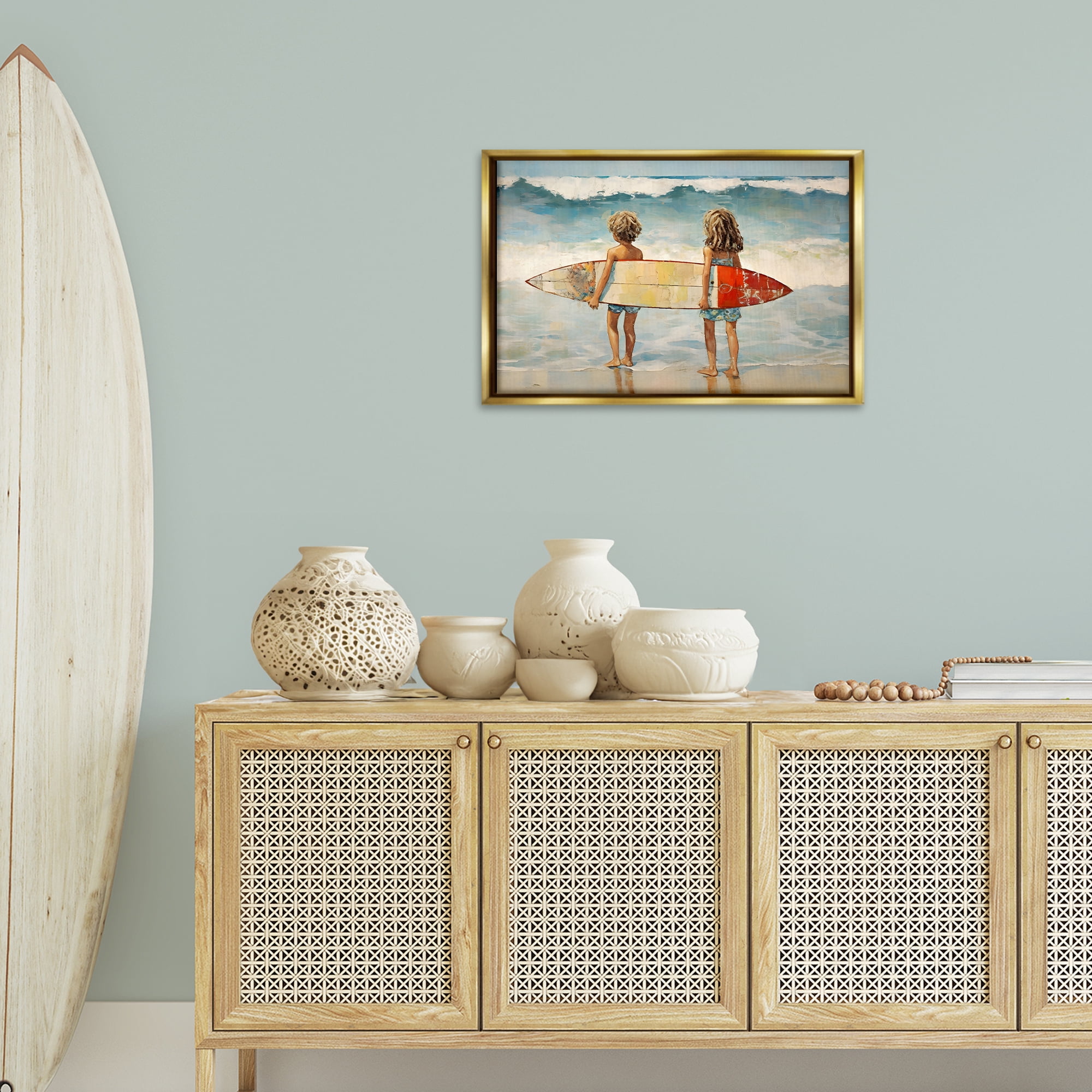 Stupell Industries Kids with Surf Waves People Painting Gold Floater Framed Canvas Art Print Wall Art, 25 x 17